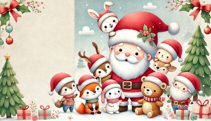 Joyful Christmas scene featuring Santa and cute animals in festive hats surrounded by decorated trees and presents.