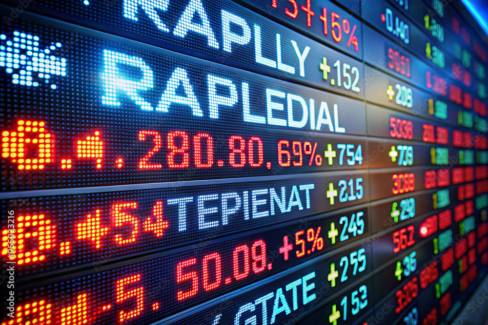 Poster a close-up of a digital display featuring fluctuating rates and percentages, with red values indicat