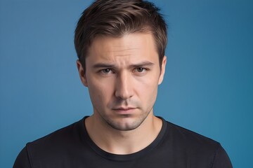 Fototapeta premium Portrait of a sad Caucasian man with a serious expression, isolated on blue background. Close-up studio shot capturing deep emotion.