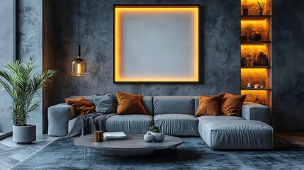 A contemporary living room with a sectional sofa, a sleek coffee table, and a blank wall frame as the focal point, with stylish decor and soft lighting