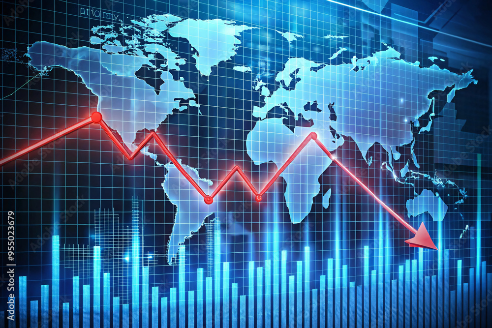Poster a digital display of a global economic trend, with a sharp red arrow pointing downward, emphasizing 