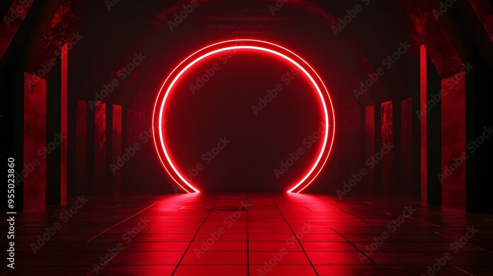 Wall mural 
Technology red circle light stage on black background