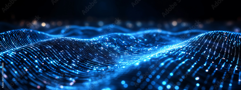 Poster abstract visualization of digital waves with glowing blue data points, computer digital screen backg