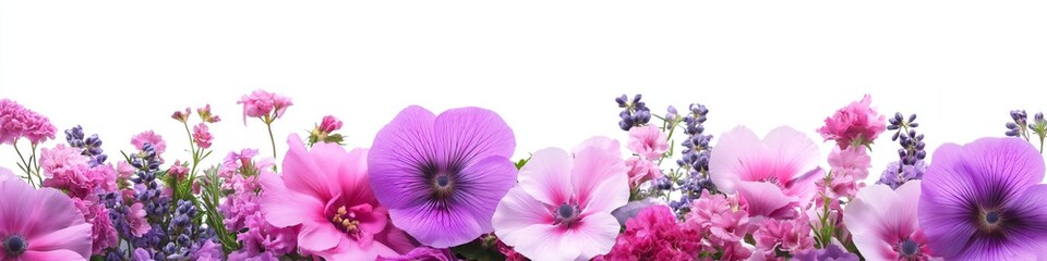 Obraz premium A row of flowers with purple petals. The flowers are arranged in a row and are of various sizes. Concept of beauty and serenity