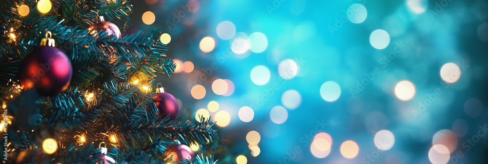 Poster a christmas tree with many ornaments and lights. the tree is surrounded by a blue background with a 