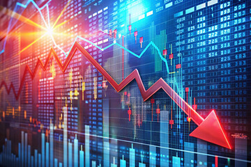 Fototapeta premium A financial market scene with graphs and a bright downward arrow, highlighting a market crash or significant financial downturn