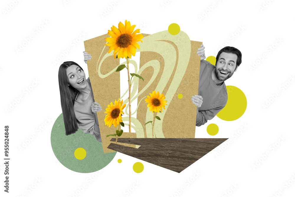 Poster Collage image of two impressed black white effect people peeking look growing sunflower isolated on creative background