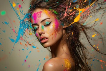 Artistic woman with vibrant paint strokes and splashes