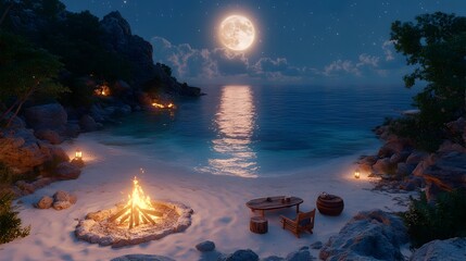 Moonlit Beachside Oasis - Tranquil Coastal Scenery with Bonfire Under Starry Sky