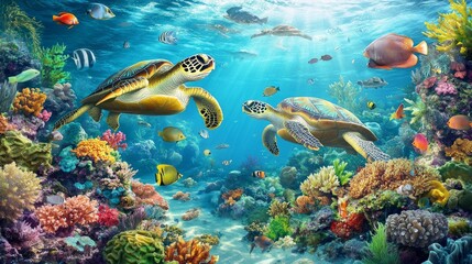 Fototapeta premium Underwater scene featuring sea turtles swimming among vibrant coral reefs and diverse fish.