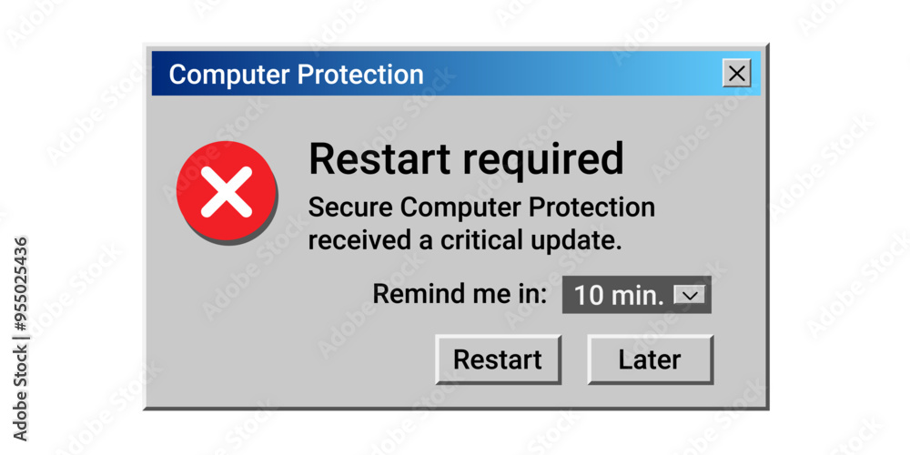 Aufkleber computer protection message. danger error notification on scree. restart pc message.