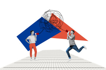 Photo banner collage of couple funny two lovers screaming loudspeaker megaphone complicated...