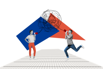 Photo banner collage of couple funny two lovers screaming loudspeaker megaphone complicated isolated on red blue elements background