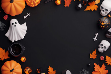 Halloween banner with witch cauldron, ghost, crystal, skulls. Scary. Halloween party poster