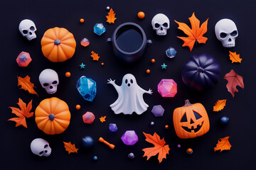 Halloween banner with witch cauldron, ghost, crystal, skulls. Scary. Halloween party poster