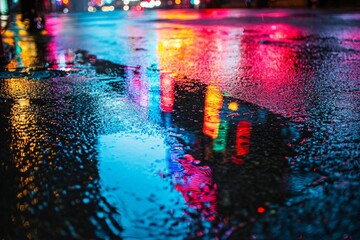A close-up shot of neon lights reflecting in rain puddles on a dark city street at night. 