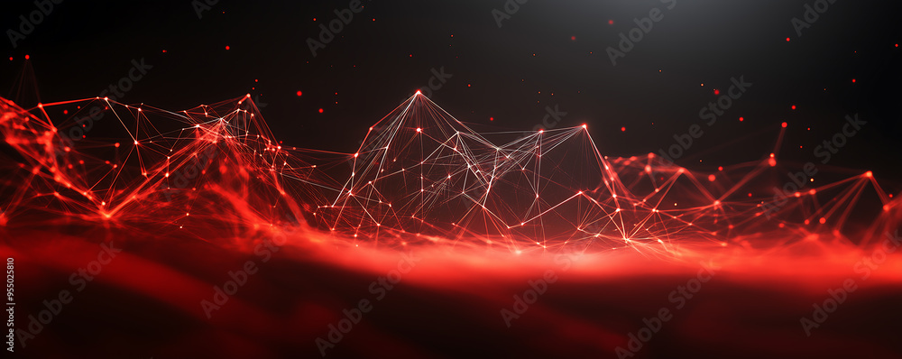 Poster abstract digital network with glowing red connections and triangular shapes, computer digital screen