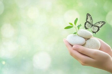 Green plant and stones held by hand with butterfly