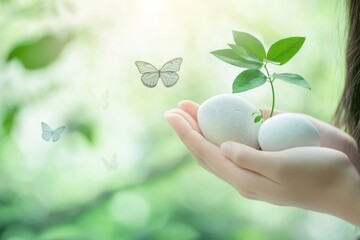 Hands holding stones with plant, butterflies nearby.