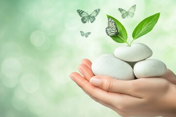 Hands cupping stones plant, butterflies around them.
