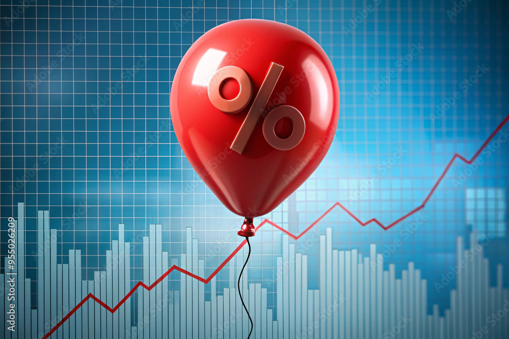 Poster a red balloon with a percentage symbol hovers above a fluctuating graph, representing inflation or r