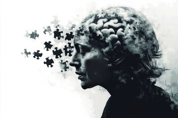 Astrocytoma Mindfulness Black and white portrait of an older woman with brain visuals and puzzle pieces symbolizing the complexities of memory and the process of piecing together experiences