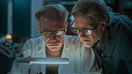 Senior archaeologist takes measurements of fossil bone using measuring tool, studies remains of...