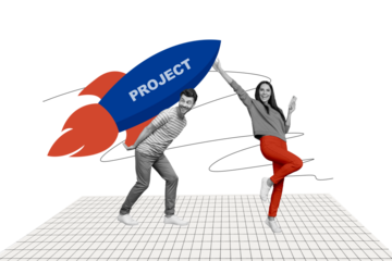 Collage portrait of two excited positive black white effect people hold project rocket isolated on painted background
