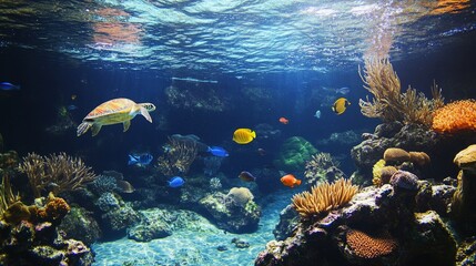 Obraz premium Underwater scene featuring a turtle swimming among colorful fish and coral reefs.