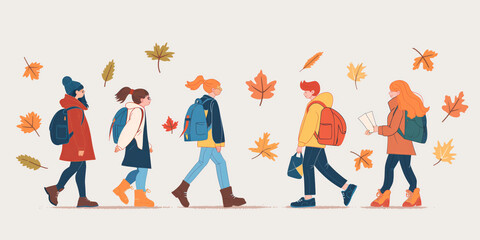 Autumn stroll: diverse students walking with backpacks and fall leaves