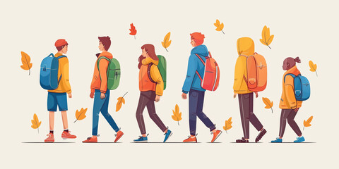 Diverse group of students walking in autumn with backpacks