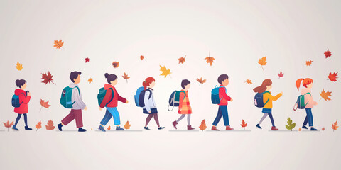 Fototapeta premium Children walking to school amidst autumn leaves in vibrant fall landscape