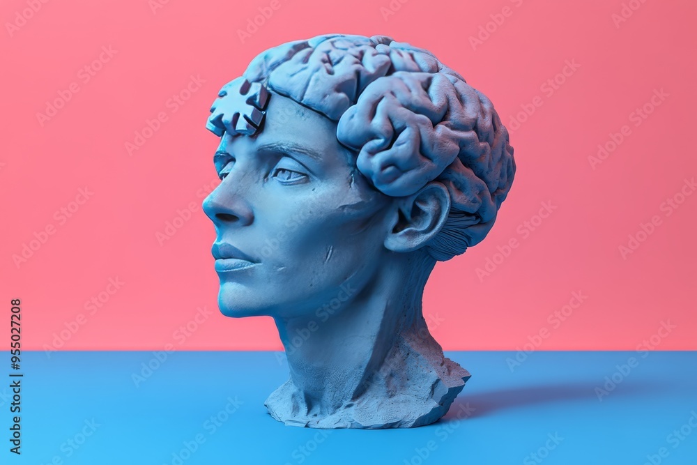 Aufkleber hydrocephalus mindfulness conceptual sculpture of a head with puzzle pieces and brain visuals symbol