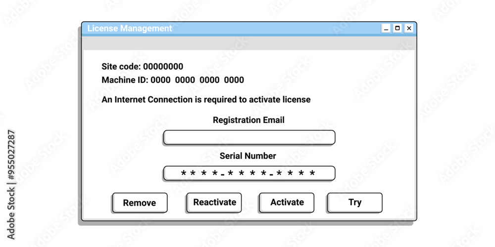 Poster registration window in old style on computer. serial number digital form. activate software applicat