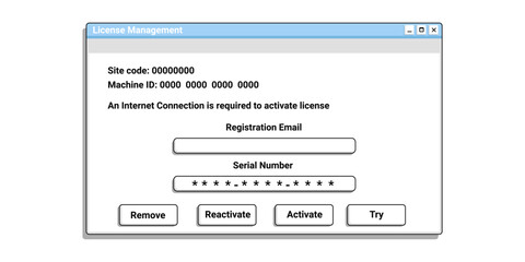 Registration window in old style on computer. Serial Number digital form. Activate software application.