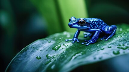 Obraz premium Vibrant Blue Poison Dart Frog on a Dewy Leaf