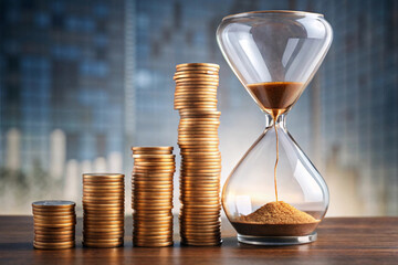 A taller stack of coins beside an hourglass, emphasizing the time-value of money against a blurred cityscape