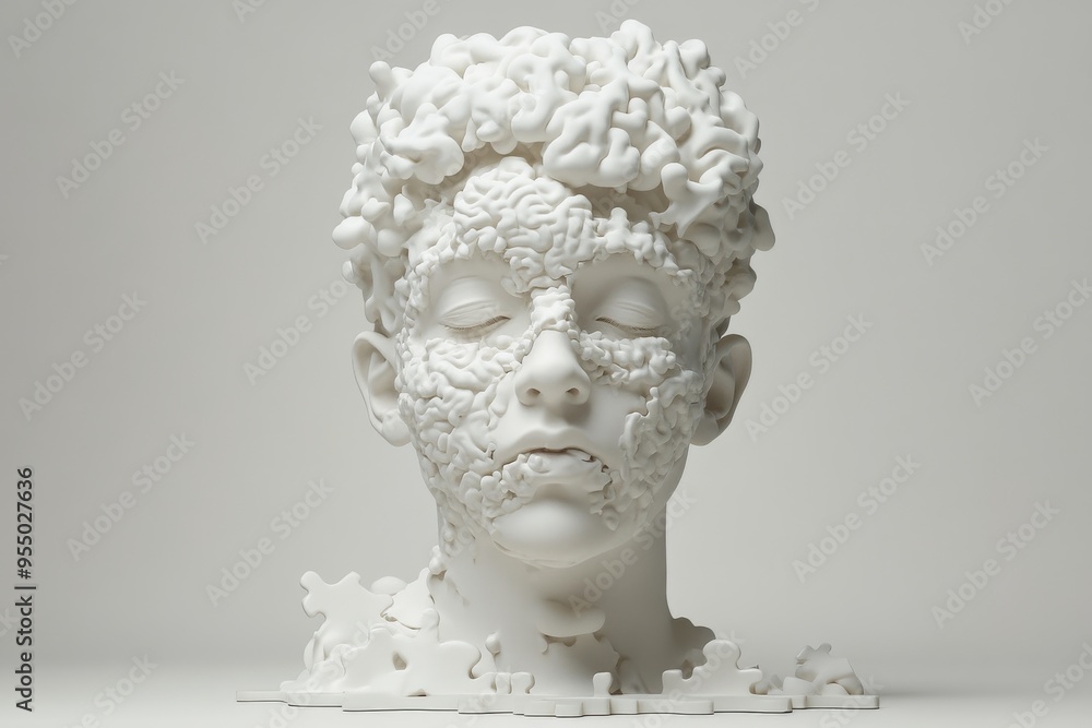 Poster cognitive empathy future thinking abstract sculpture of a fragmented face with intricate floral patt