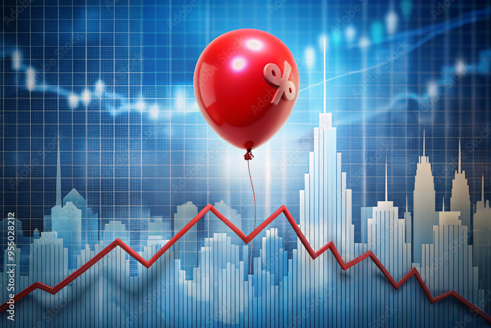 Poster an inflated red balloon with a percent sign, floating against a background of rising bar graphs, sym