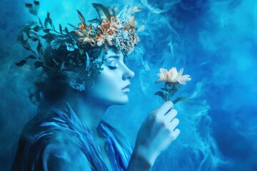 Woman with mystical headdress holds small glowing flower