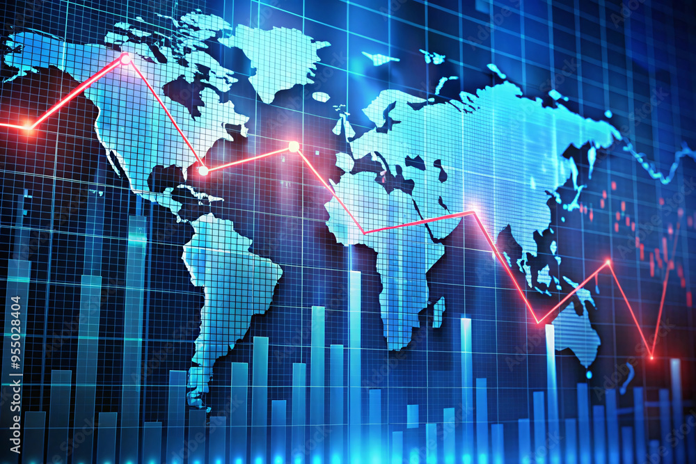 Poster a world map with a red line graph showing a fluctuating but predominantly downward trend, indicating