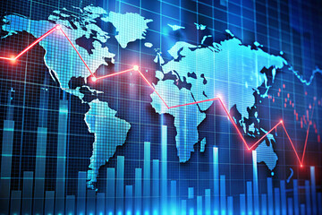 Obraz premium A world map with a red line graph showing a fluctuating but predominantly downward trend, indicating global economic instability