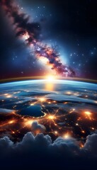 Stunning View of Stars and Milky Way Above Earth Glow at Night from Space Showing Cloud Formations and City Lights, Perfect for Inspirational and Educational Purposes