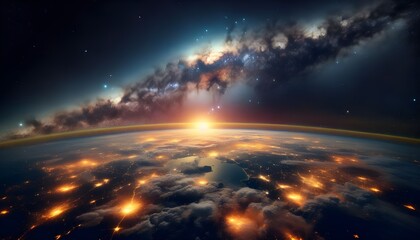 Stunning View of Stars and Milky Way Above Earth Glow at Night from Space Showing Cloud Formations and City Lights, Perfect for Inspirational and Educational Purposes
