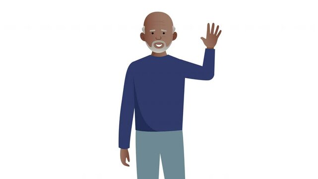 2D Illustrated old black senior male vector character waving hand and smiling animation. On white background.