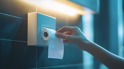 Naklejka premium Hand Reaching for Tissue Paper from Bathroom Wall Dispenser in Minimalist Design