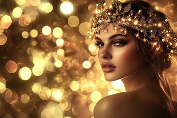 Golden adorned woman backlit with glowing sparkles