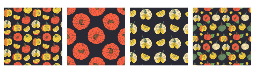 Set of 4 Seamless patterns with hand drawn colorful pumpkins. Thanksgiving day wallpapers bundle with black background.