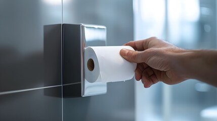 Naklejka premium Closeup Hand Tugging on Clean Toilet Paper in Modern Restroom Dispenser