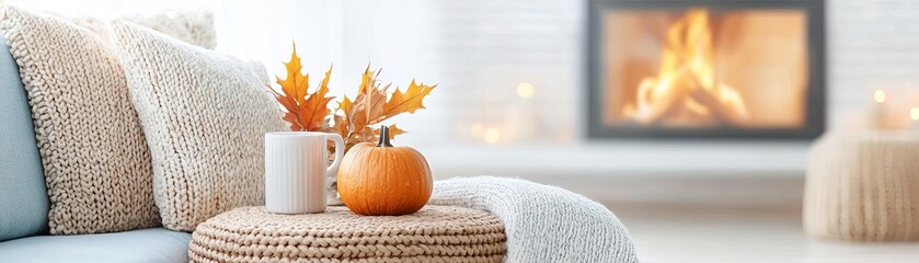 Custom-built fireplace in cozy living room, fall decor, seasonal warmth, Watercolor style